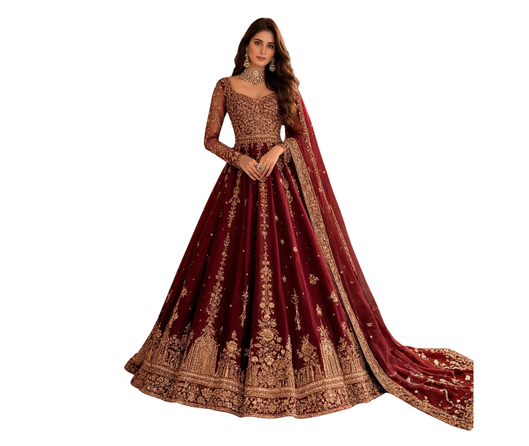 Velvet Royal Crimson Bridal Lehenga - close up